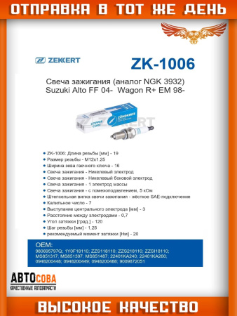 Свеча зажигания Suzuki Alto FF 04-, Wagon R+ EM 98-